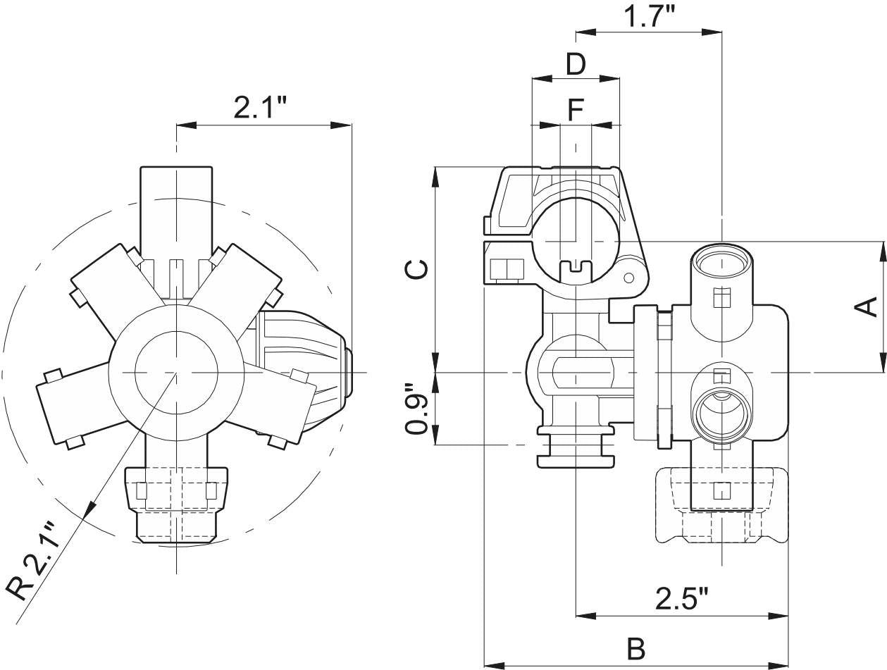 Compact-Jet Nozzle Body 5-Way 1" EPDM With Tab For Boom Clamp