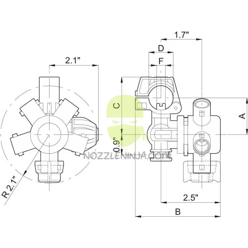 Compact-Jet Nozzle Body 5-Way 1’’ Epdm With Tab For Boom Clamp Accessory